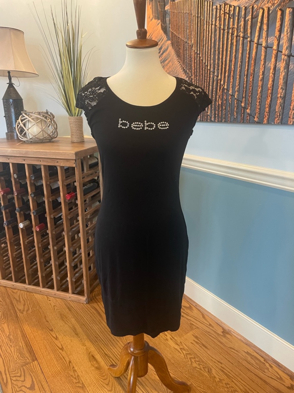bebe Black Lace Detail Dress with Logo Tag